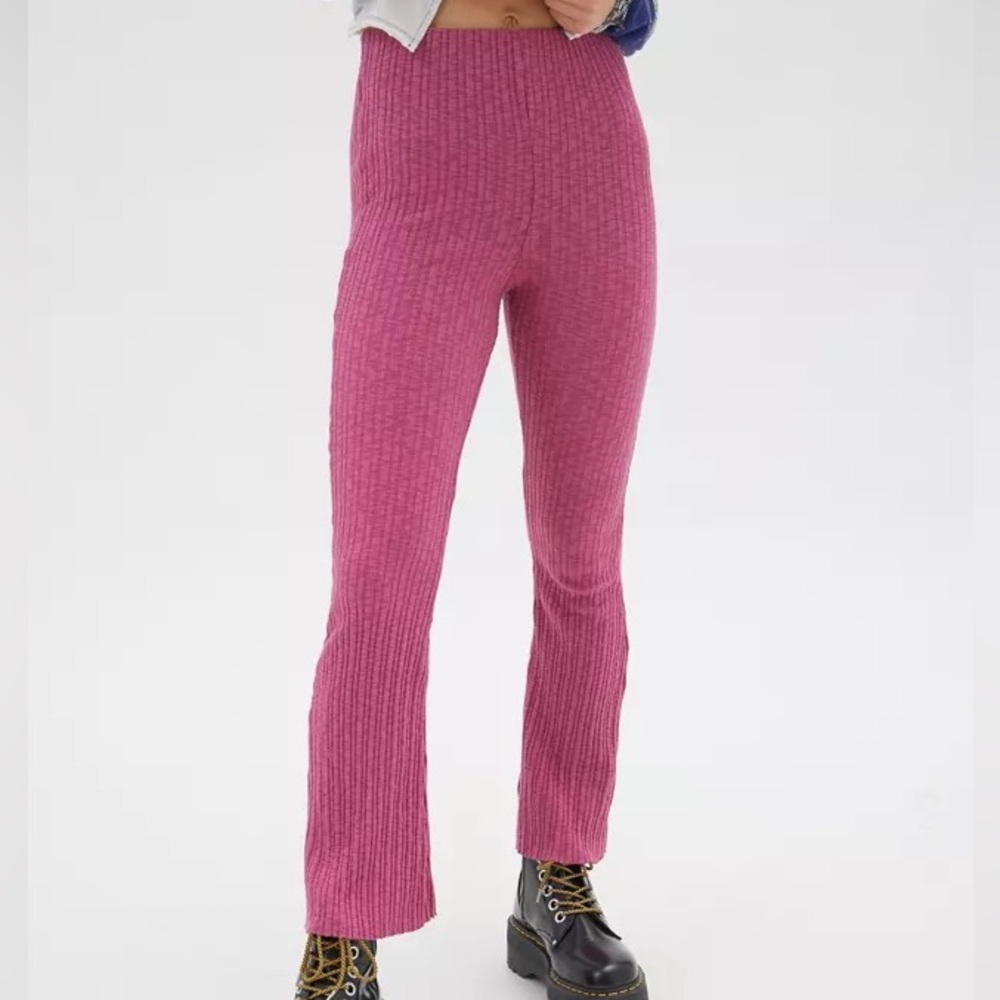 Urban Outfitters Rosie High-Waisted Ribbed Flare Pant Pink